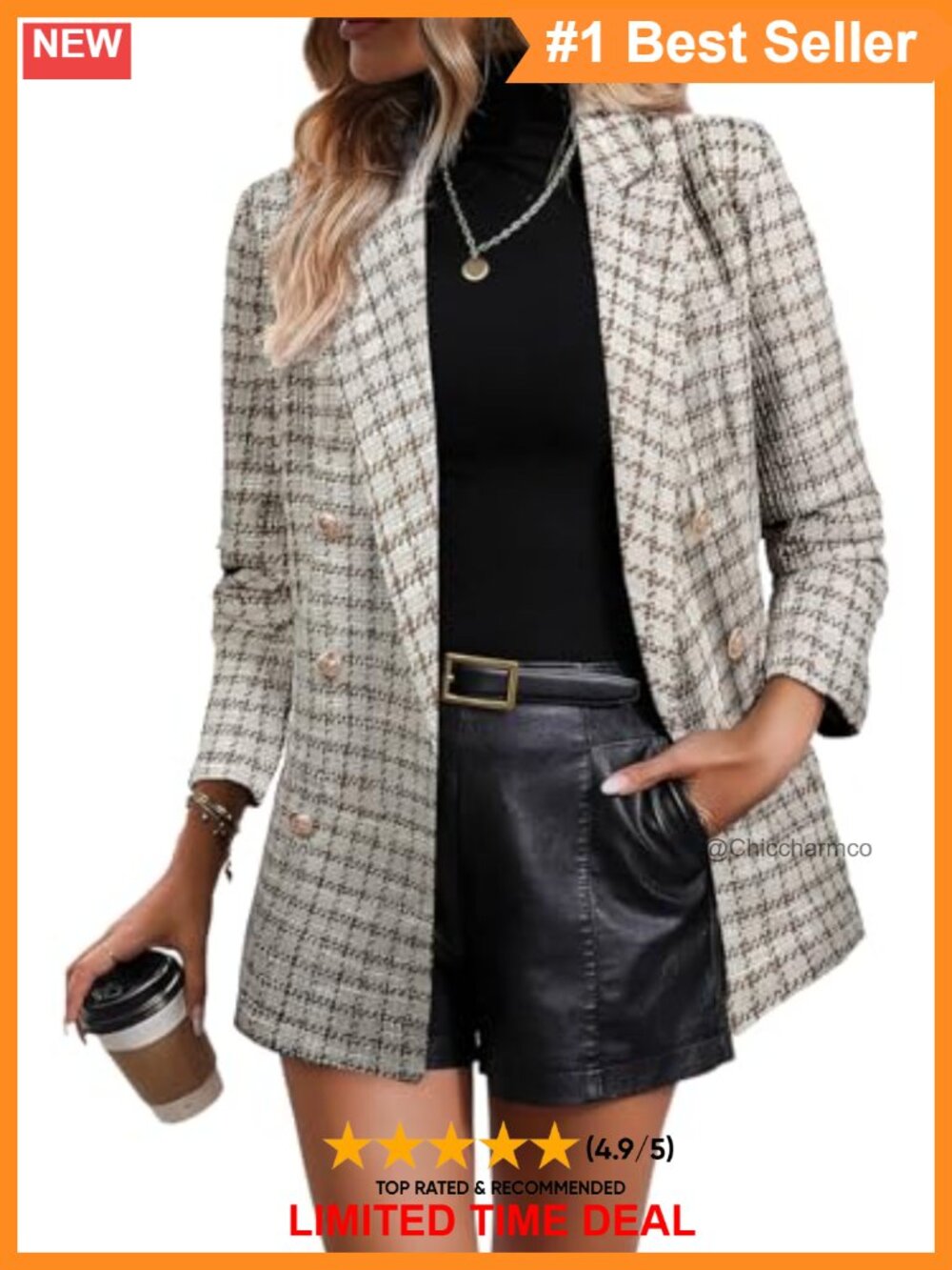 Plaid Tweed Blazer Double Breasted Open Front Long Sleeve Business Casual